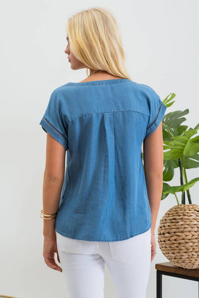 Ladder Lace Trim Chambray Top