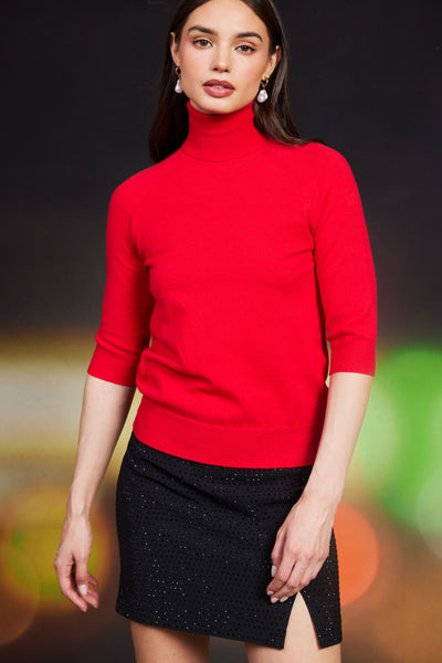 High Neck 3/4 Sleeve Sweater - Red