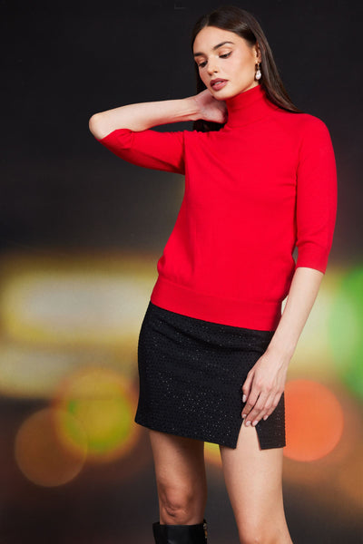 High Neck 3/4 Sleeve Sweater - Red