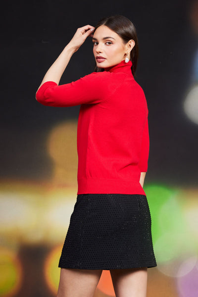 High Neck 3/4 Sleeve Sweater - Red