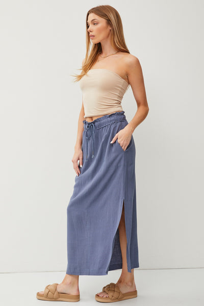 Elastic Waist Linen Skirt - Denim