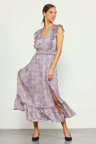 Satin Floral Smocked Waist Dress - Indigo