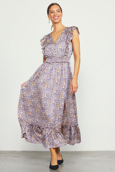 Satin Floral Smocked Waist Dress - Indigo