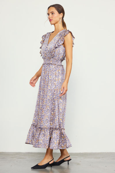 Satin Floral Smocked Waist Dress - Indigo