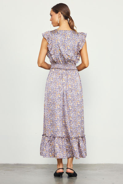 Satin Floral Smocked Waist Dress - Indigo