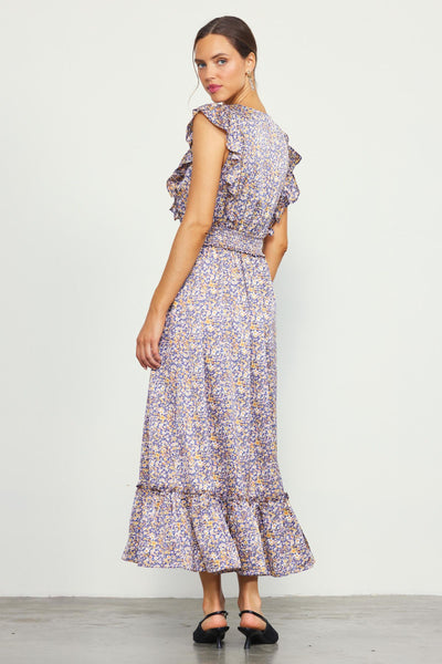 Satin Floral Smocked Waist Dress - Indigo