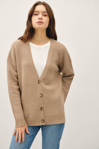 V-Neck Ribbed Cardigan - Mocha