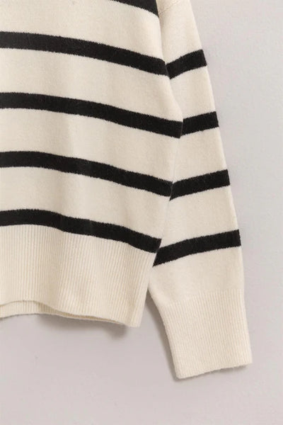 Striped Mock Neck Sweater - Cream/Black