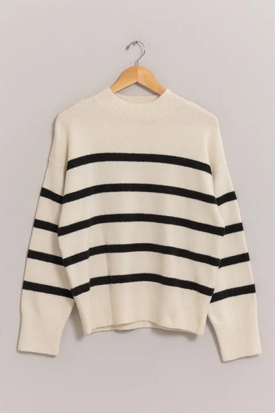 Striped Mock Neck Sweater - Cream/Black