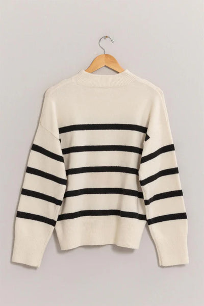 Striped Mock Neck Sweater - Cream/Black