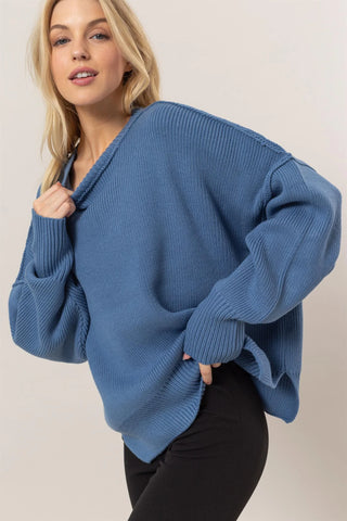 Crew Neck Seam Sweater - Gray Blue