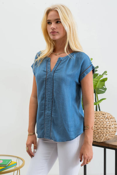 Ladder Lace Trim Chambray Top