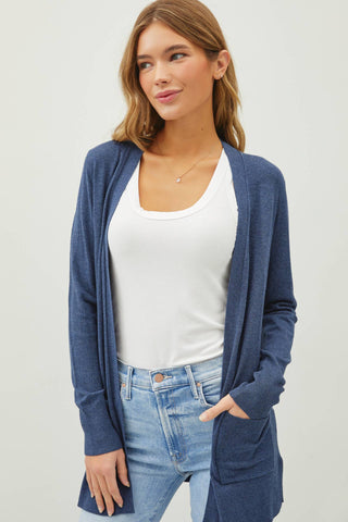 Open Front Knit Sweater Cardigan - Denim